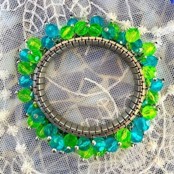 Vintage Green & Blue Acrylic Bead Watchband Chacha Bangle - Picture 3 of 8